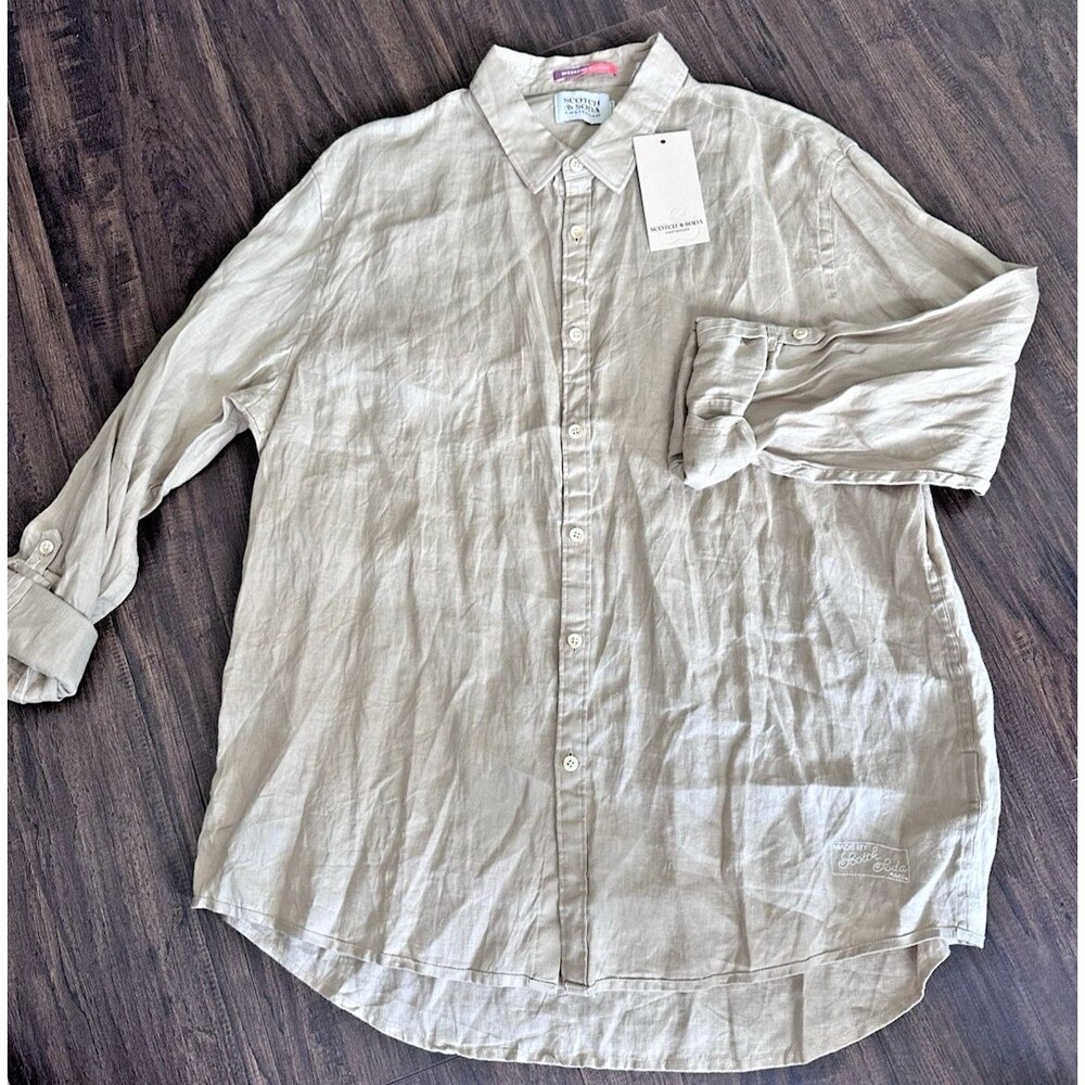 scotch & soda Amsterdam Men's Roll Up Sleeves  linen shirt khaki beige XXL